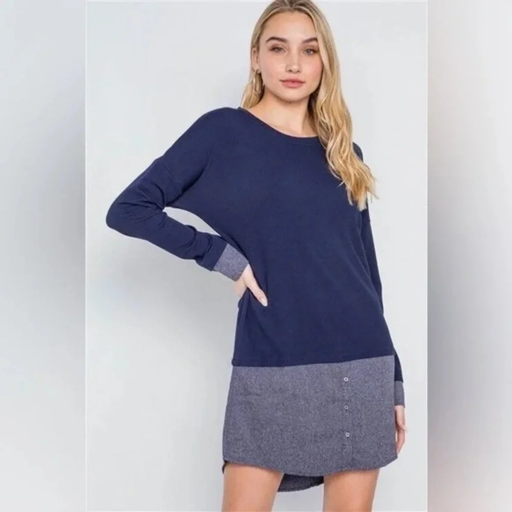 Love Riche | Navy Knit Combo Long Sleeve Sweater Dress